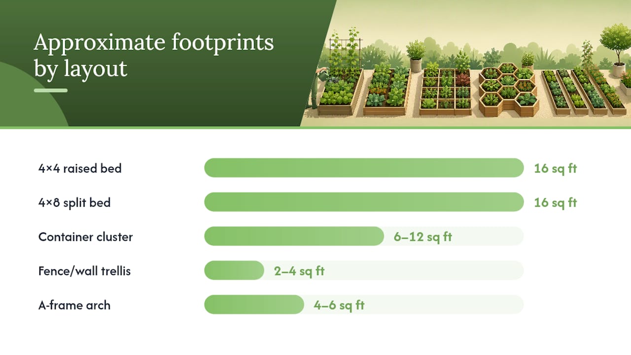 Comparison diagram of small space garden layouts and vertical options