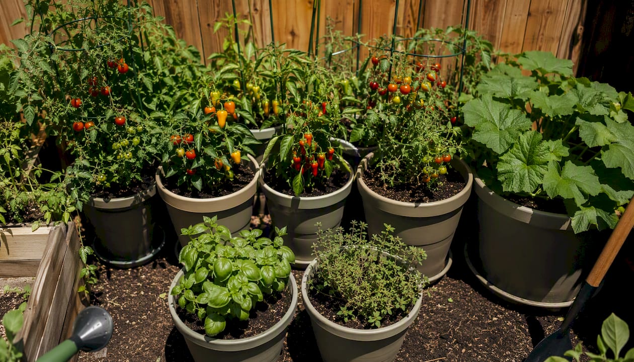 Eight-pot vegetable container garden layout