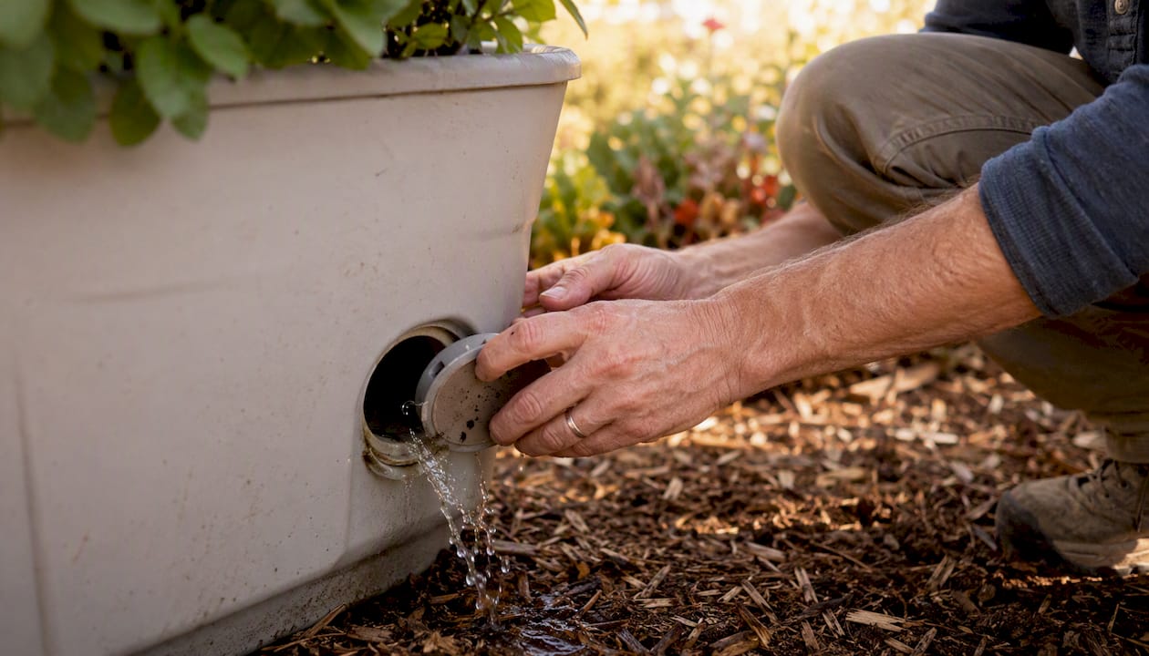 Hands flushing self-watering container reservoir