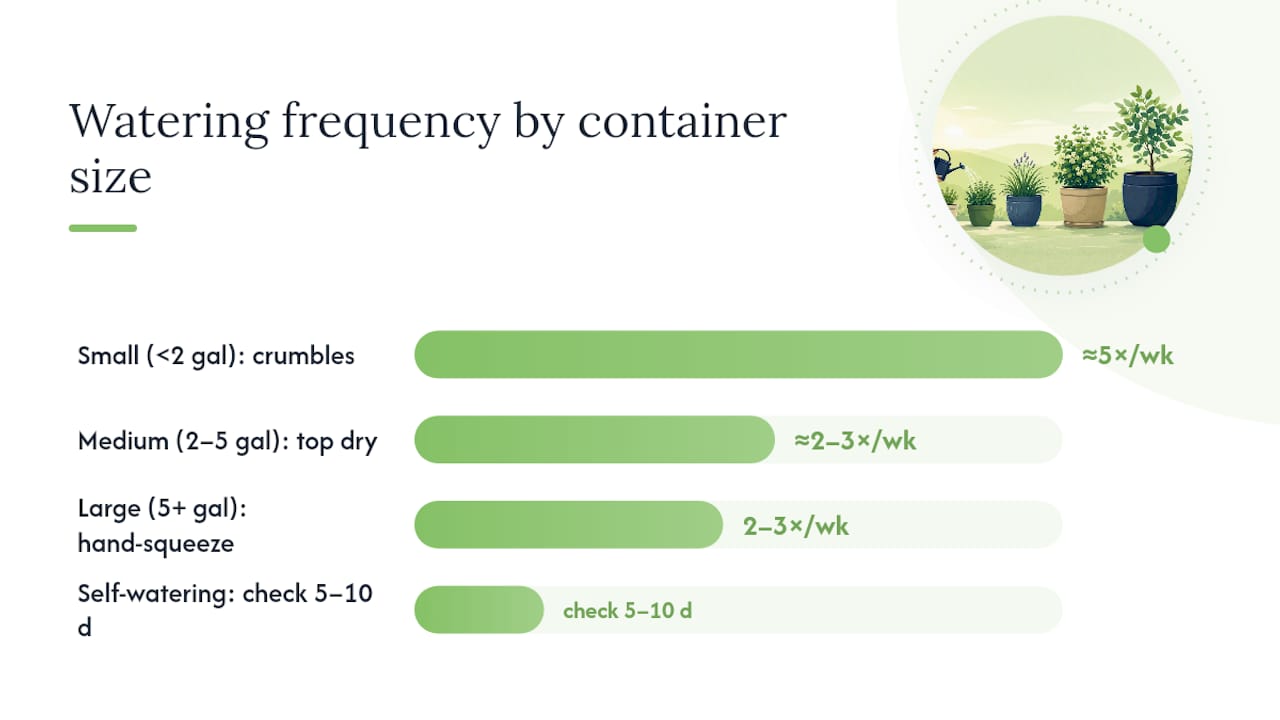 Watering frequency and cues by container size infographic