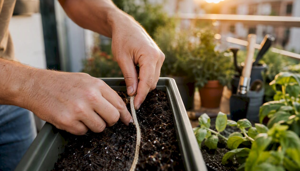 Hands placing cotton wick into soil