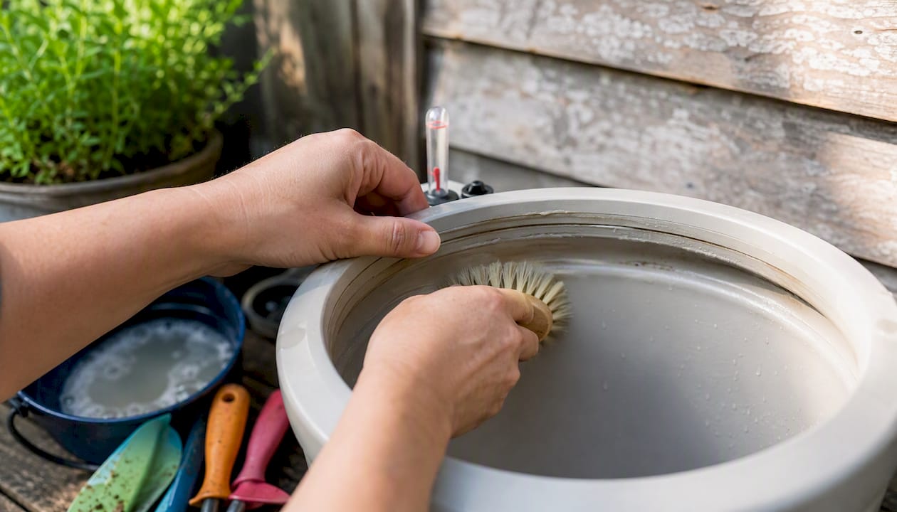 Hands cleaning reservoir with brush