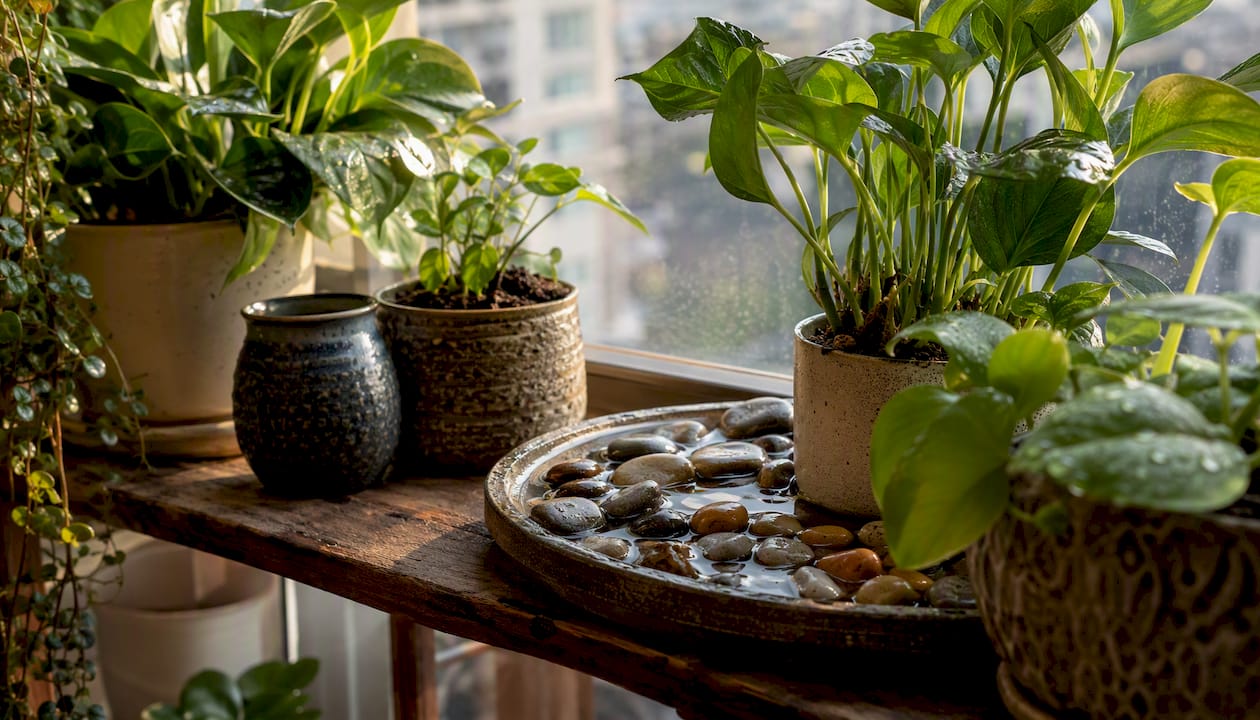 Grouped indoor plants with humidity tray