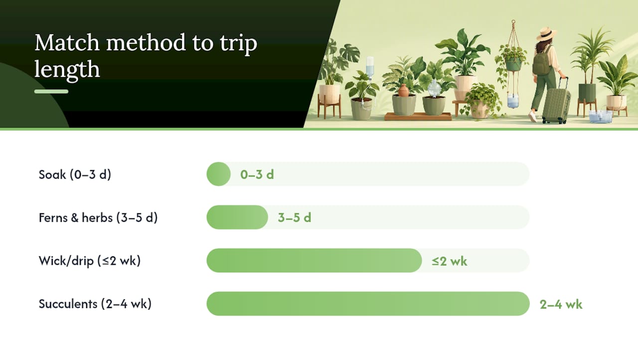Diagram of watering methods matched to trip lengths and plant types