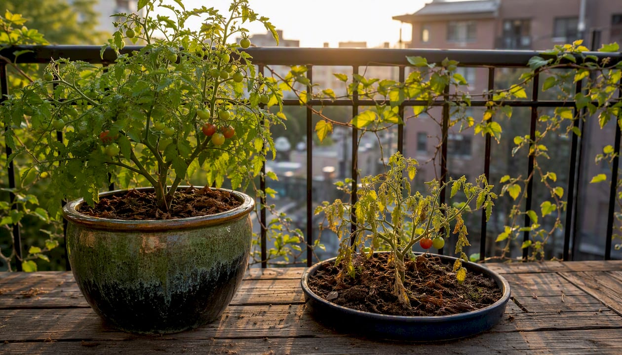 Tomato plants comparing large and small container growth