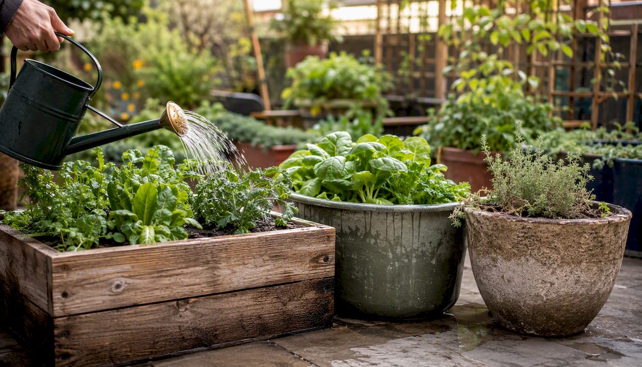 Watering vegetable containers of varying materials and depths