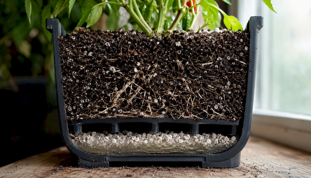 Roots with aerated soil above wicking layer in planter