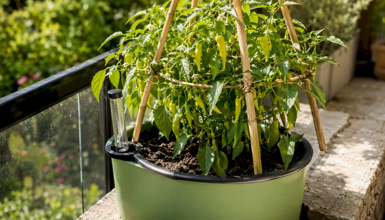 Pepper plant with bamboo tripod trellis in container