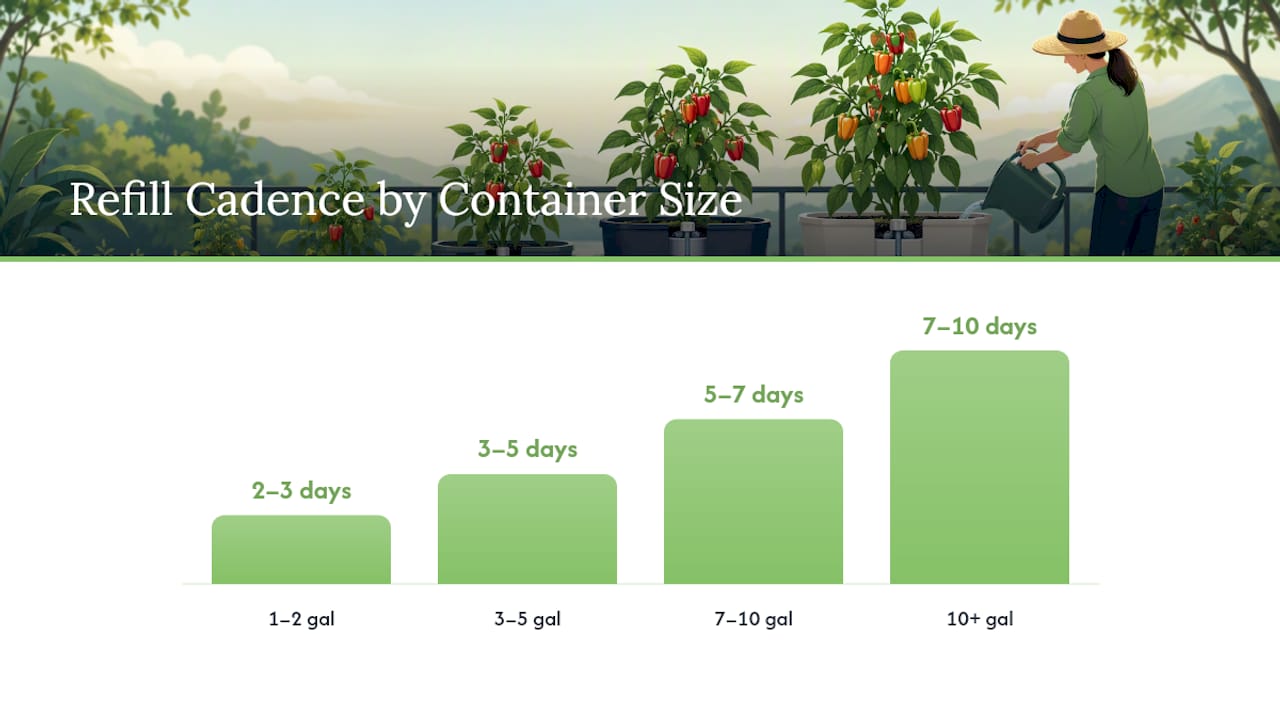 Diagram showing container size and refill schedule for peppers