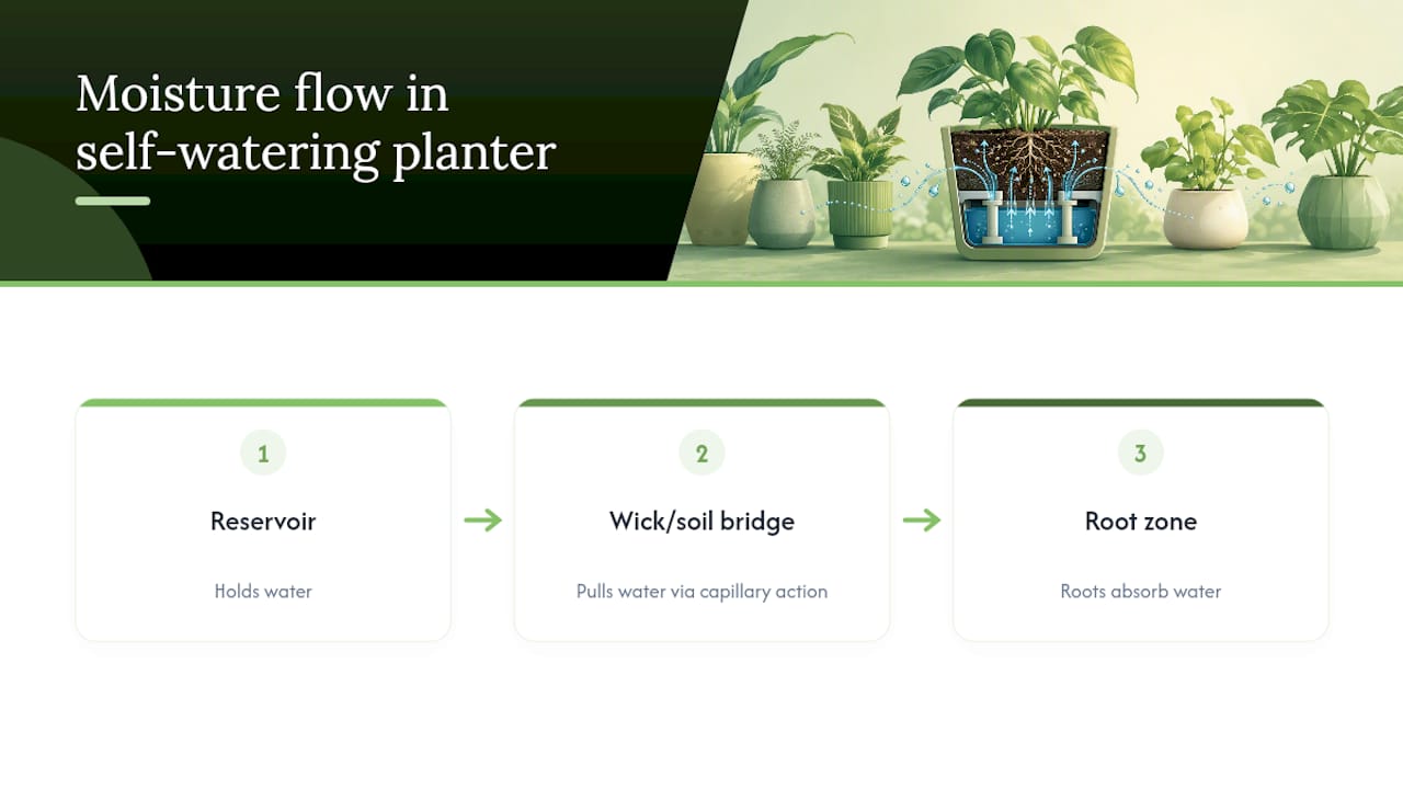 Diagram of moisture flow in self-watering planter