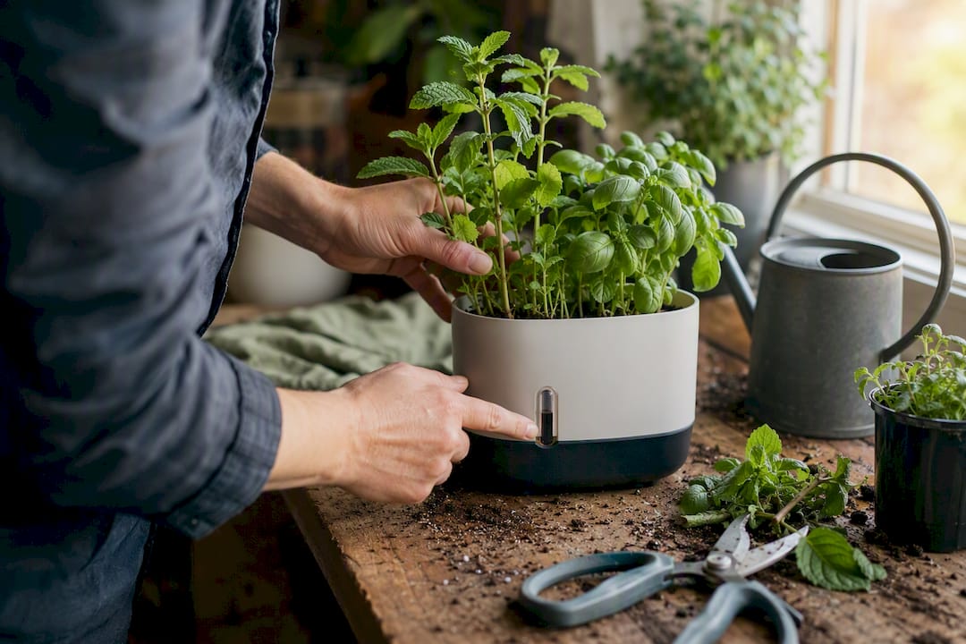 Hands checking water indicator on planter indoors