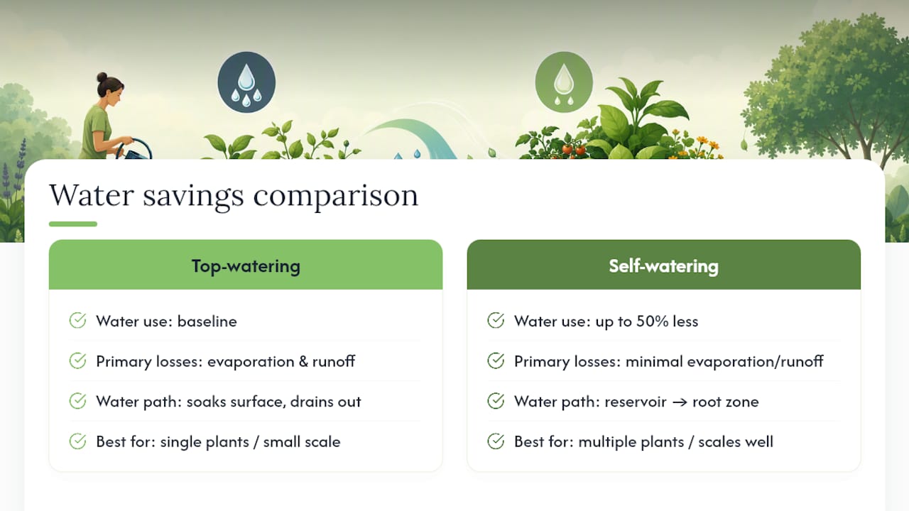 Diagram showing water savings and mechanics of self-watering containers
