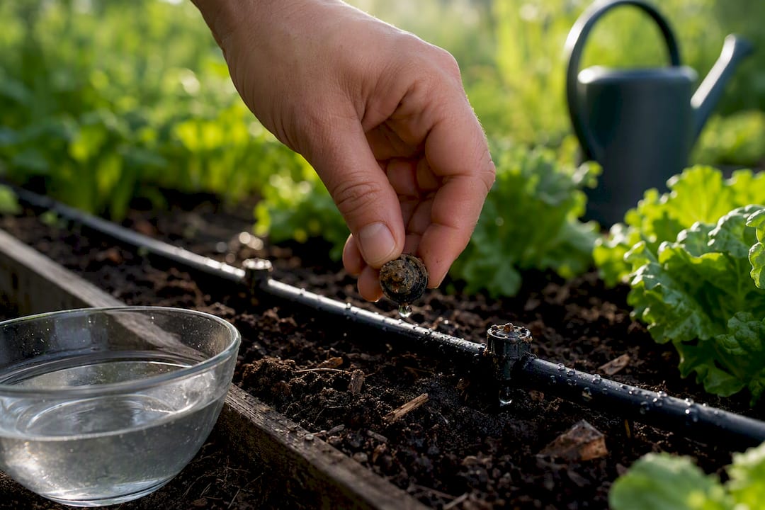 Hand removing clogged drip emitter for cleaning