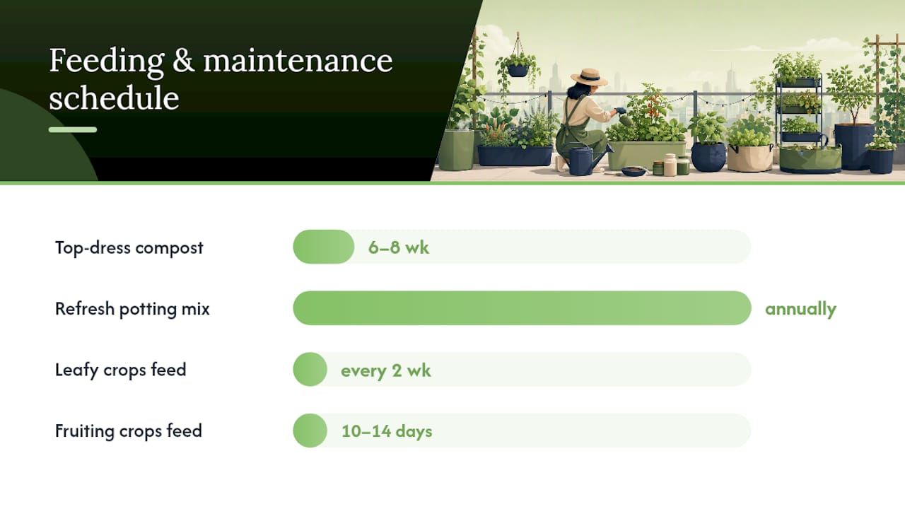 Container vegetable feeding and soil maintenance schedule