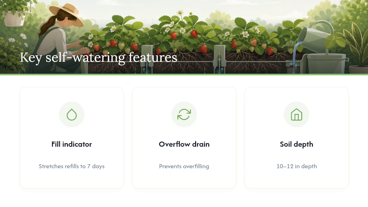 Diagram of key self-watering container features for strawberries