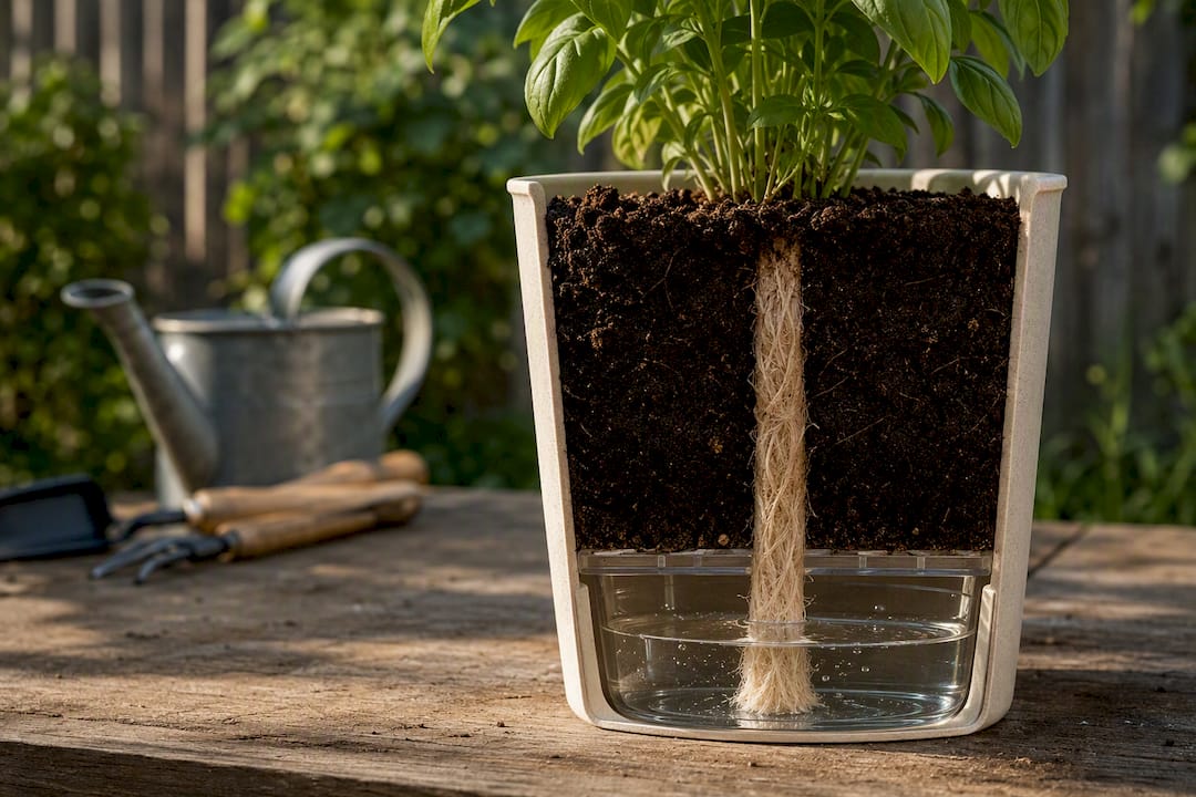 Close-up cross-section of reservoir and wick in planter