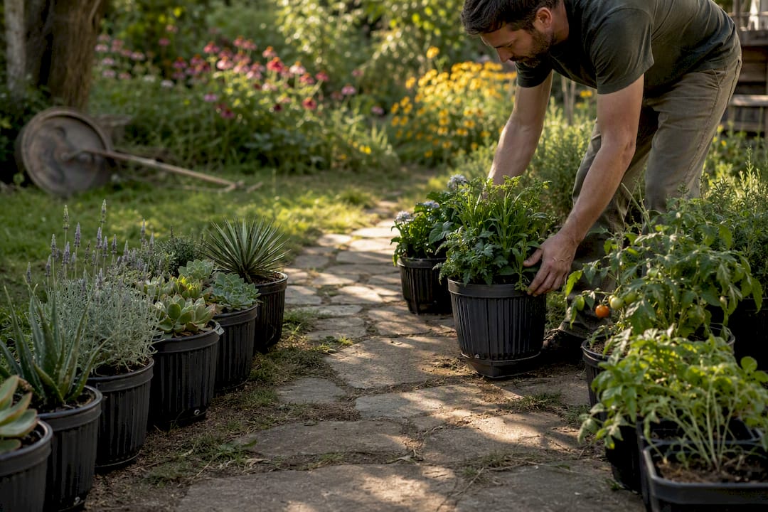 Hands grouping container plants by water needs