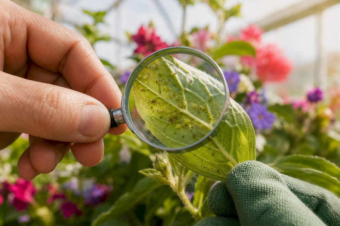 Magnifying glass inspecting pests under leaf