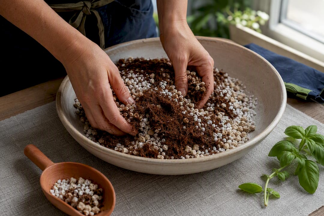 Hands mixing coco coir perlite and pumice