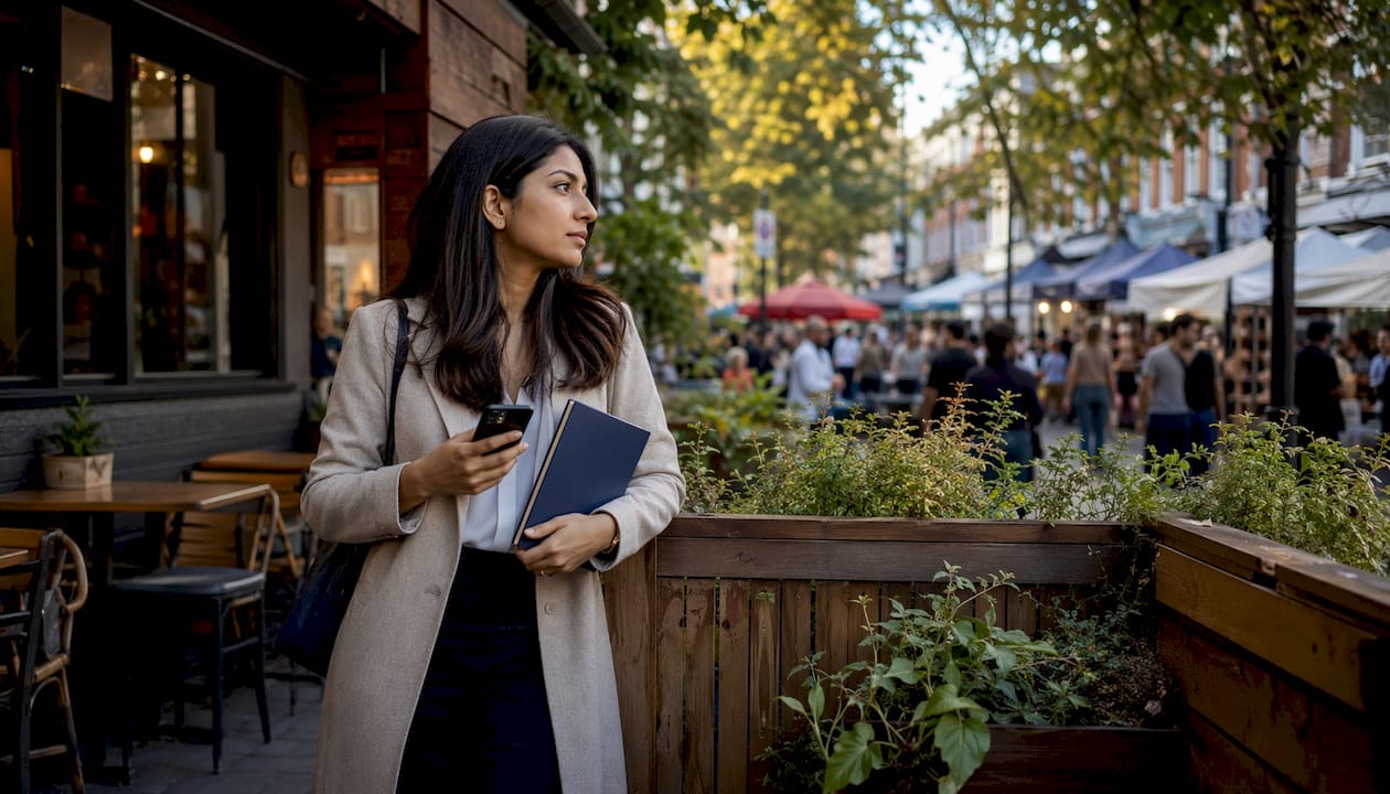 Agent walking in vibrant neighborhood
