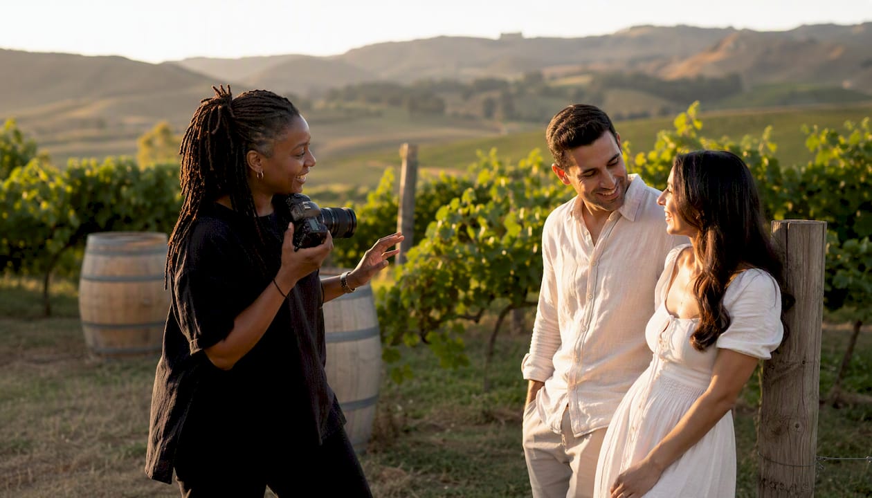 Photographer guiding couple during engagement shoot