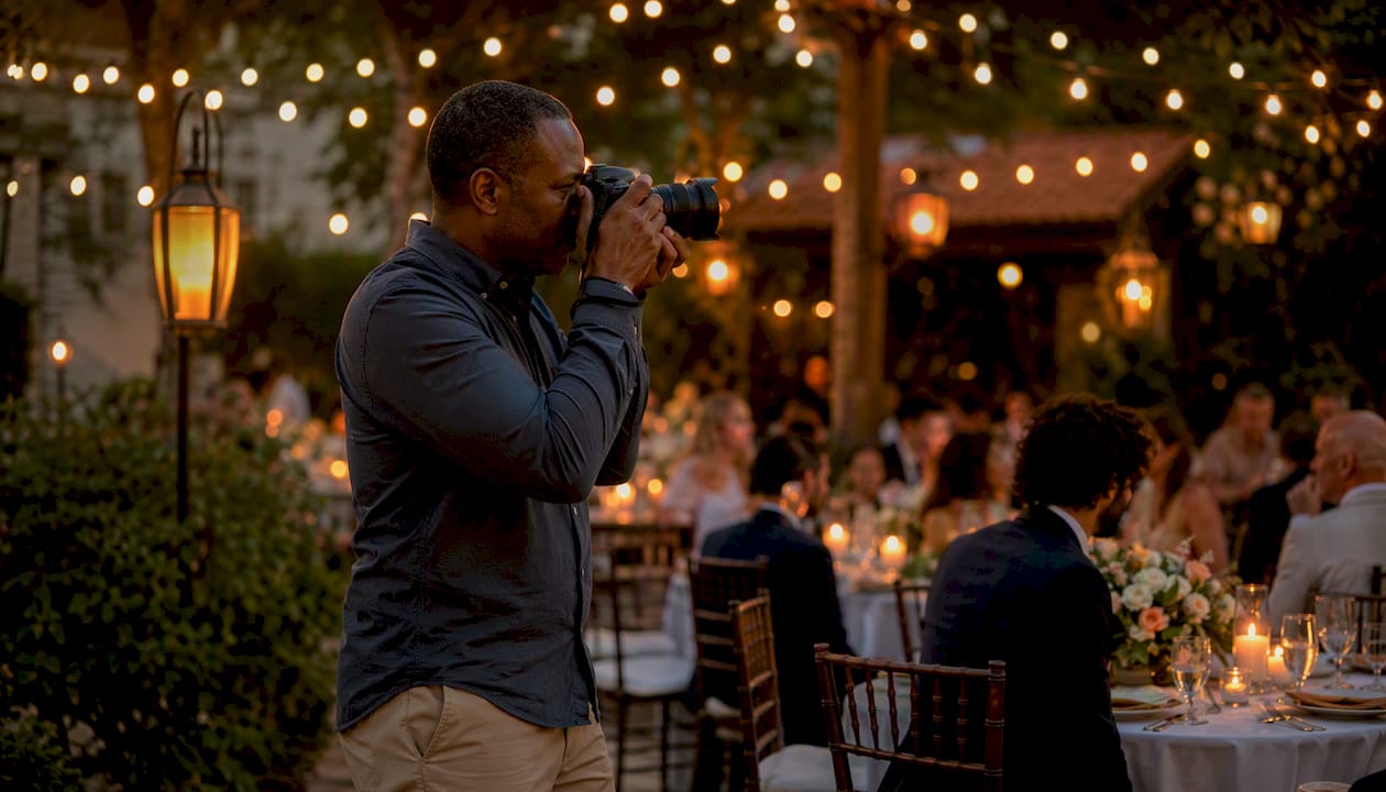 Photographer blending into wedding reception crowd