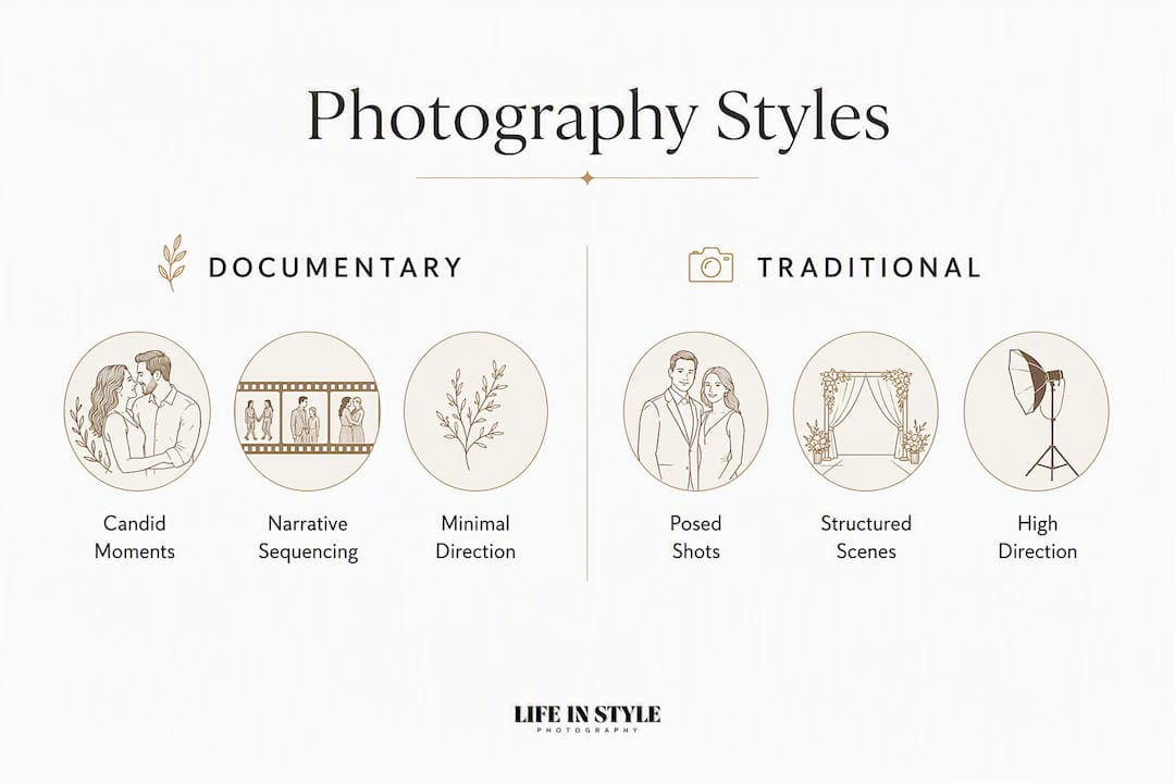 Infographic comparing documentary and traditional wedding photography styles