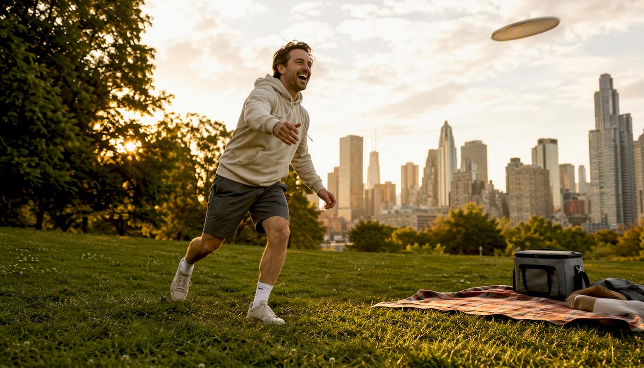 Man playing frisbee in park at sunset