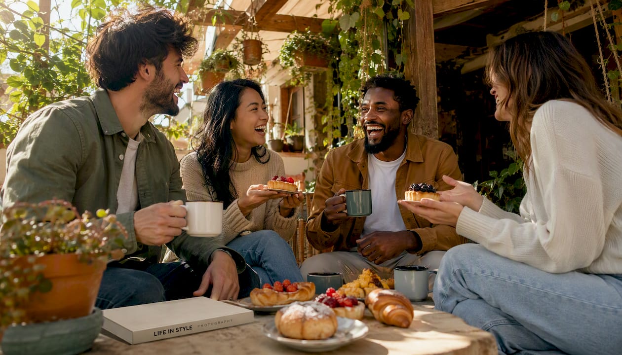 Group of friends laughing in cafe