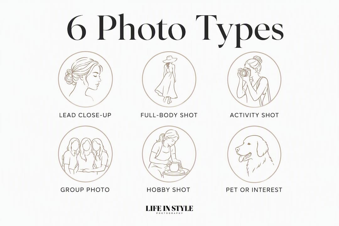 Infographic listing six effective dating profile photo types