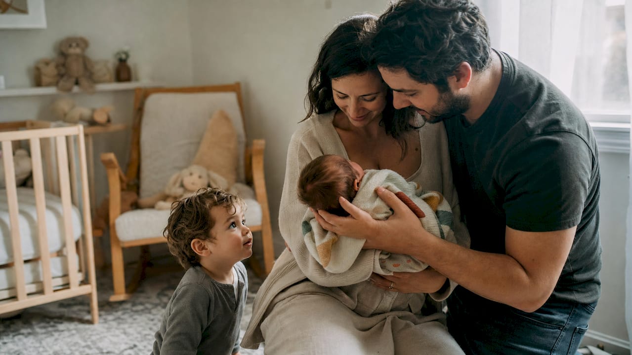 Parents holding newborn with sibling nearby