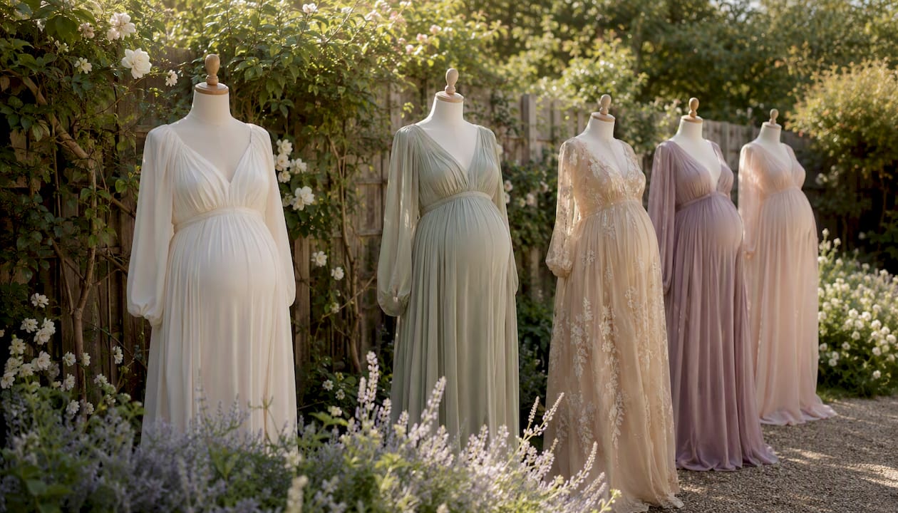 Flowing maternity gowns on dress forms in soft studio light