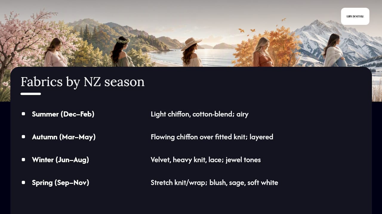 Diagram of maternity dress fabrics per New Zealand seasons