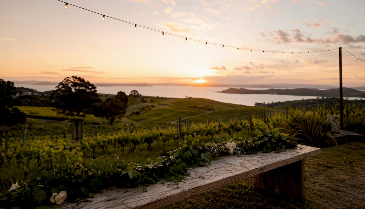Waiheke vineyard and sea views from wedding venue