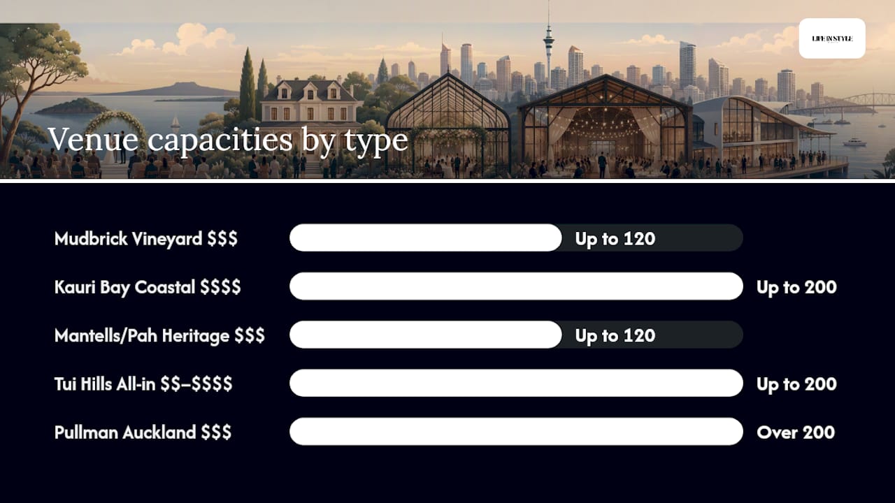 Comparison chart of Auckland wedding venues by capacity and price