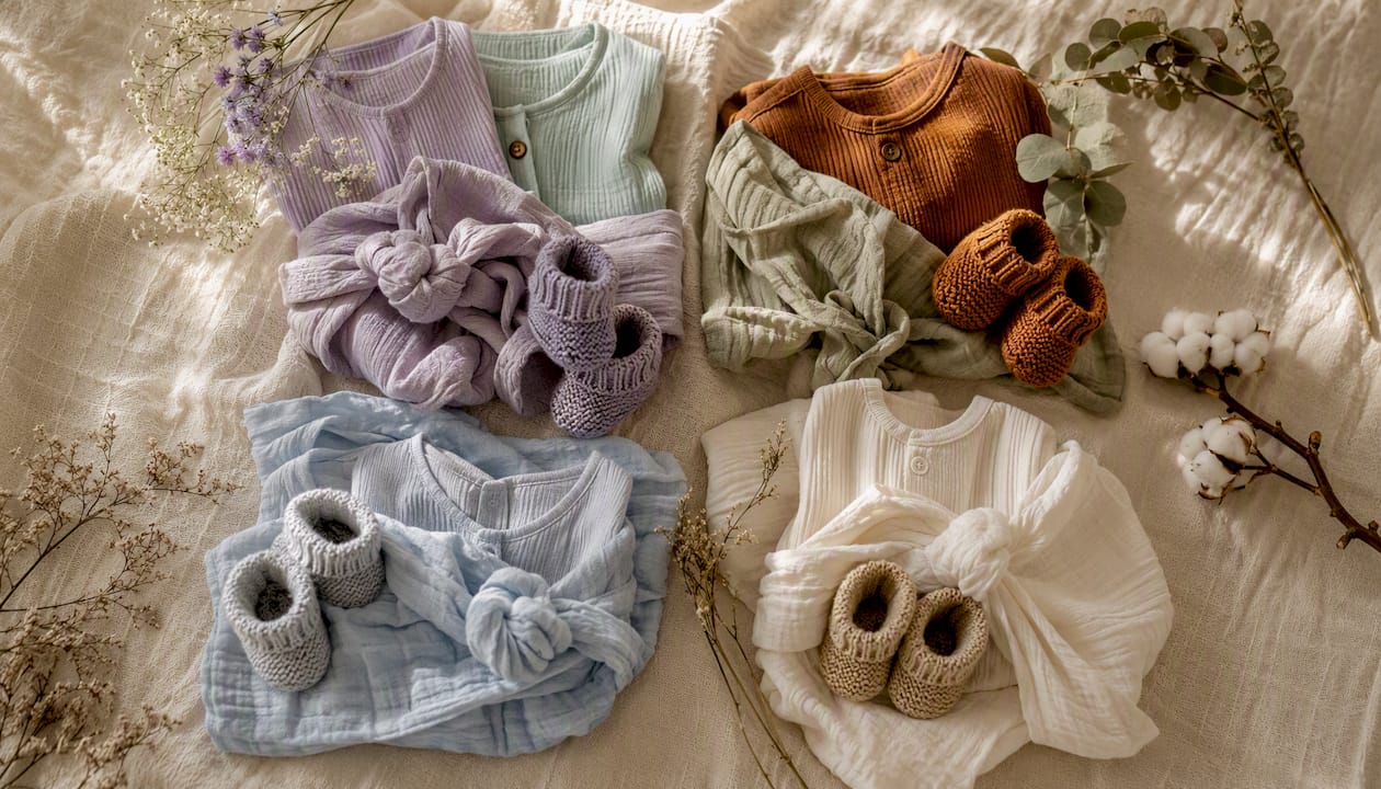 Newborn outfit fabric swatches in soft colors
