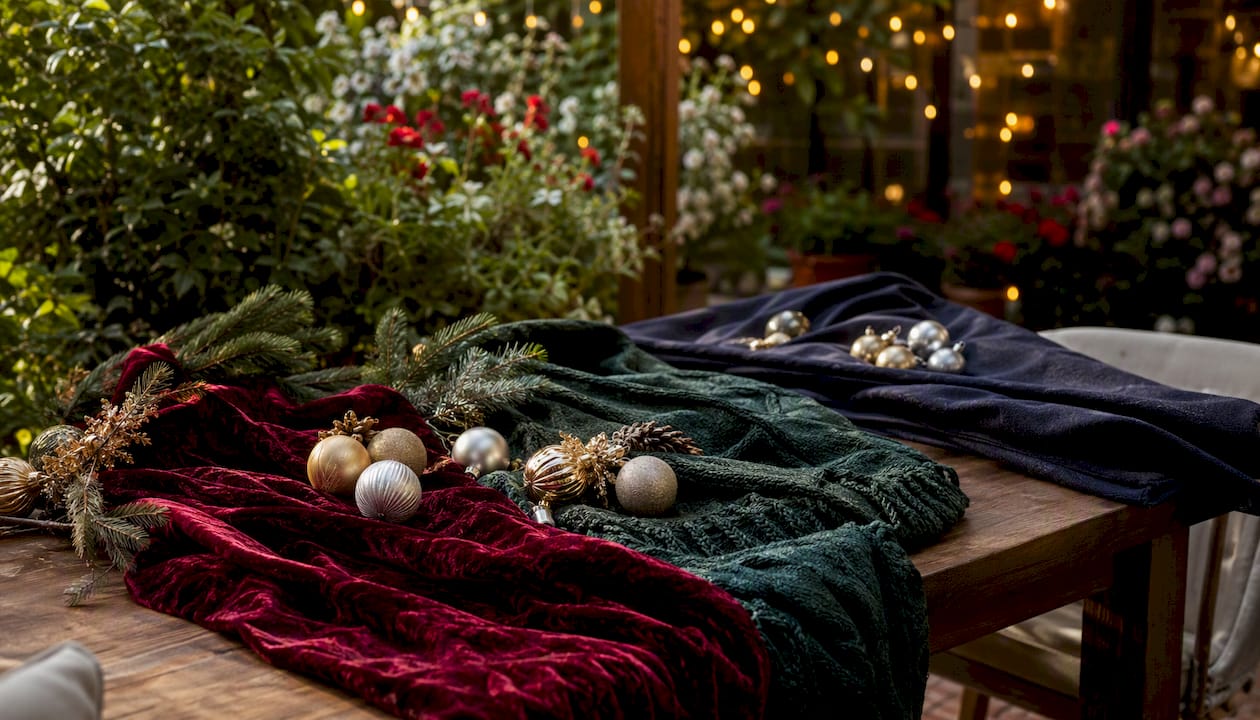Festive clothing colors and metallic Christmas props
