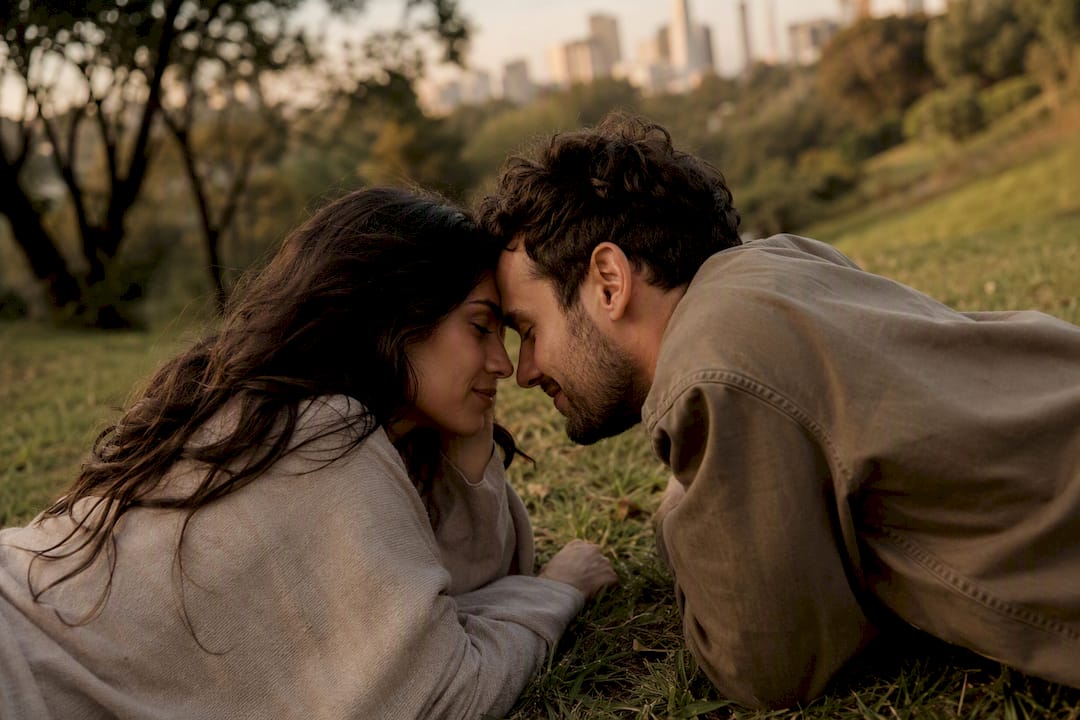 Couple lying together on grass looking relaxed