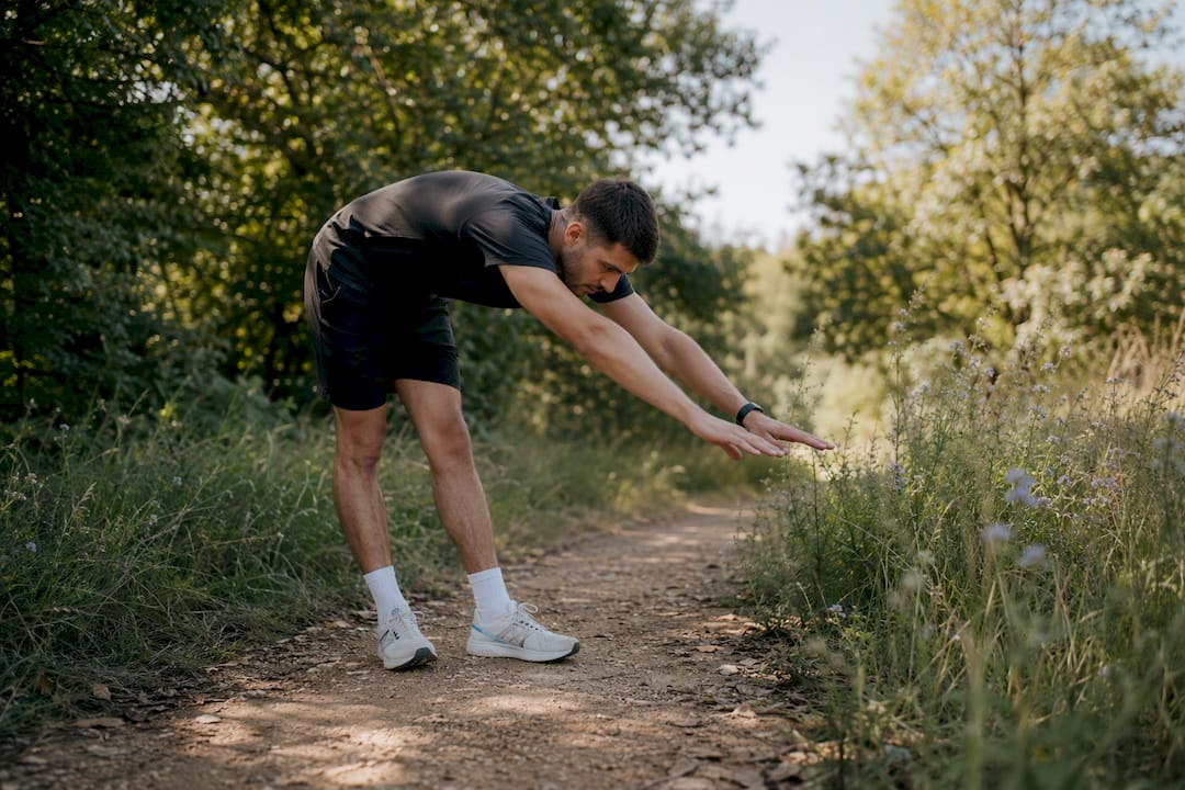 Man walking naturally during photo shoot warm-up