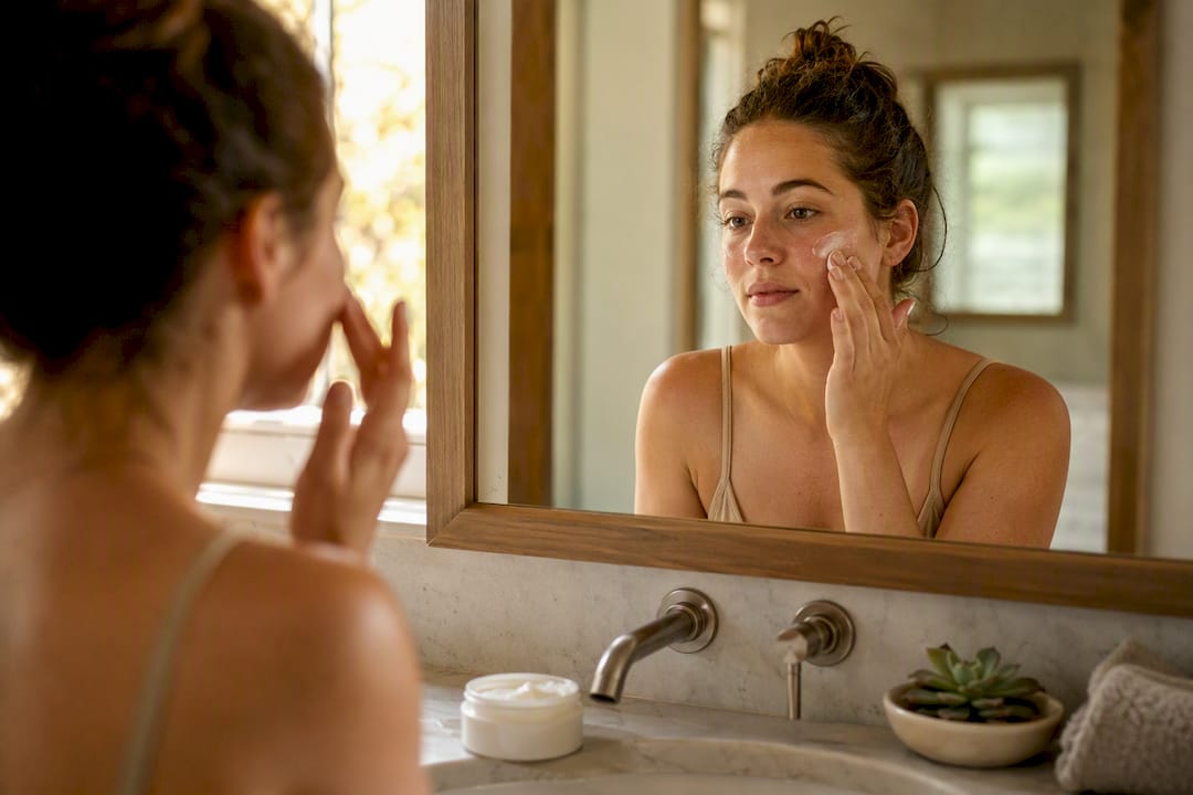 Woman applying face moisturizer in natural light
