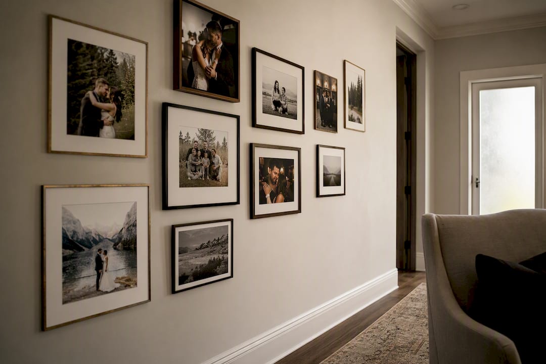 Living room media wall with themed photo story
