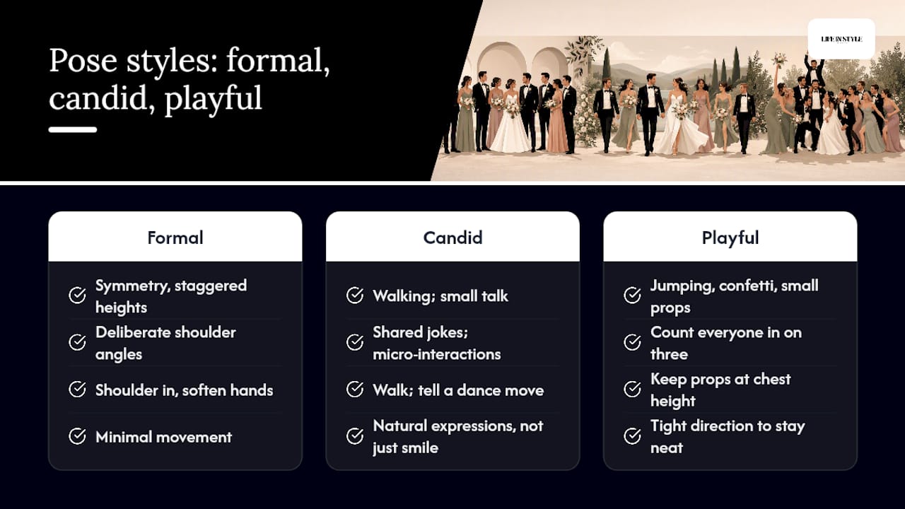 Comparison of three bridal party pose styles