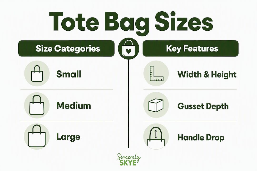 Infographic comparing tote bag size categories and features