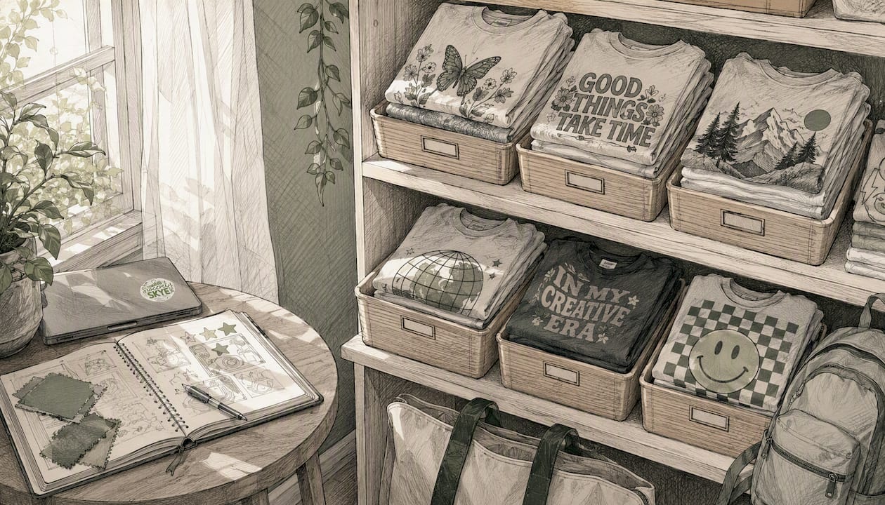 Walk-in closet with organized graphic tees on hangers
