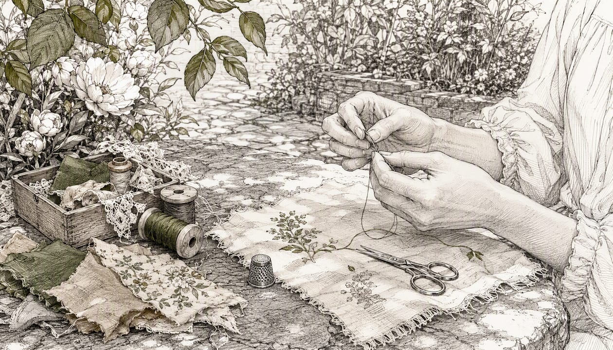 Hands threading needle by window light