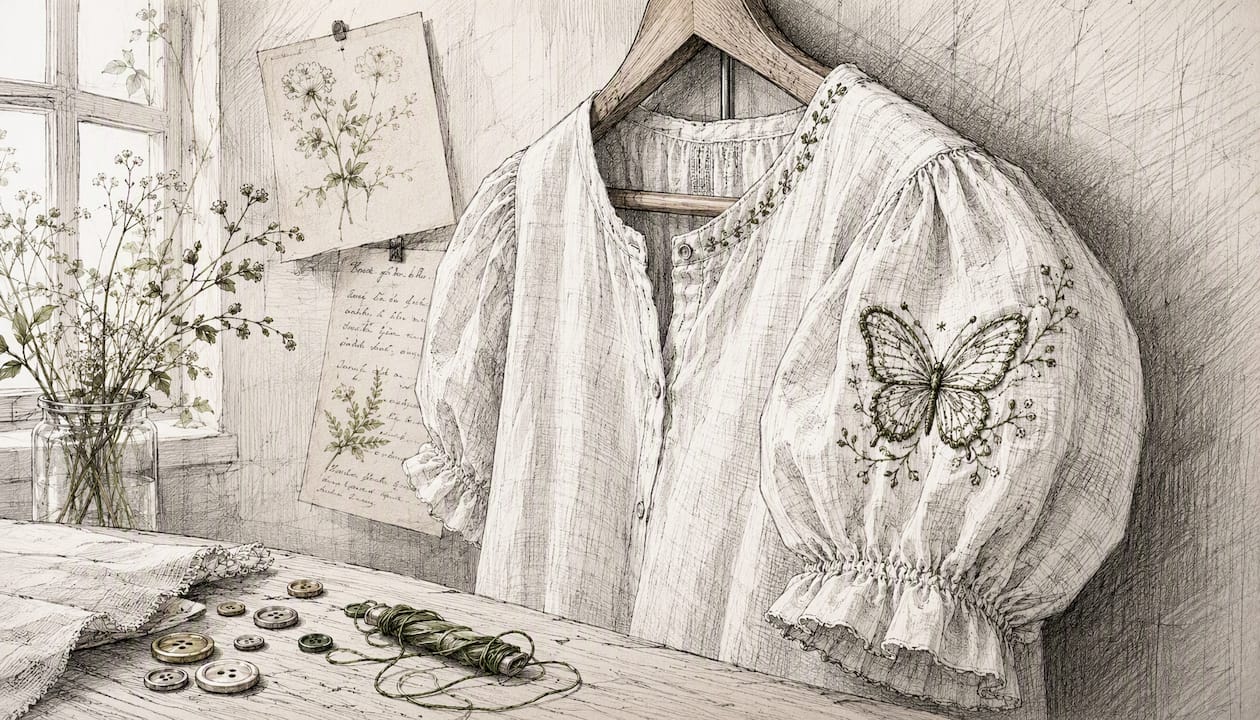 Close-up of embroidered butterfly on puff sleeve