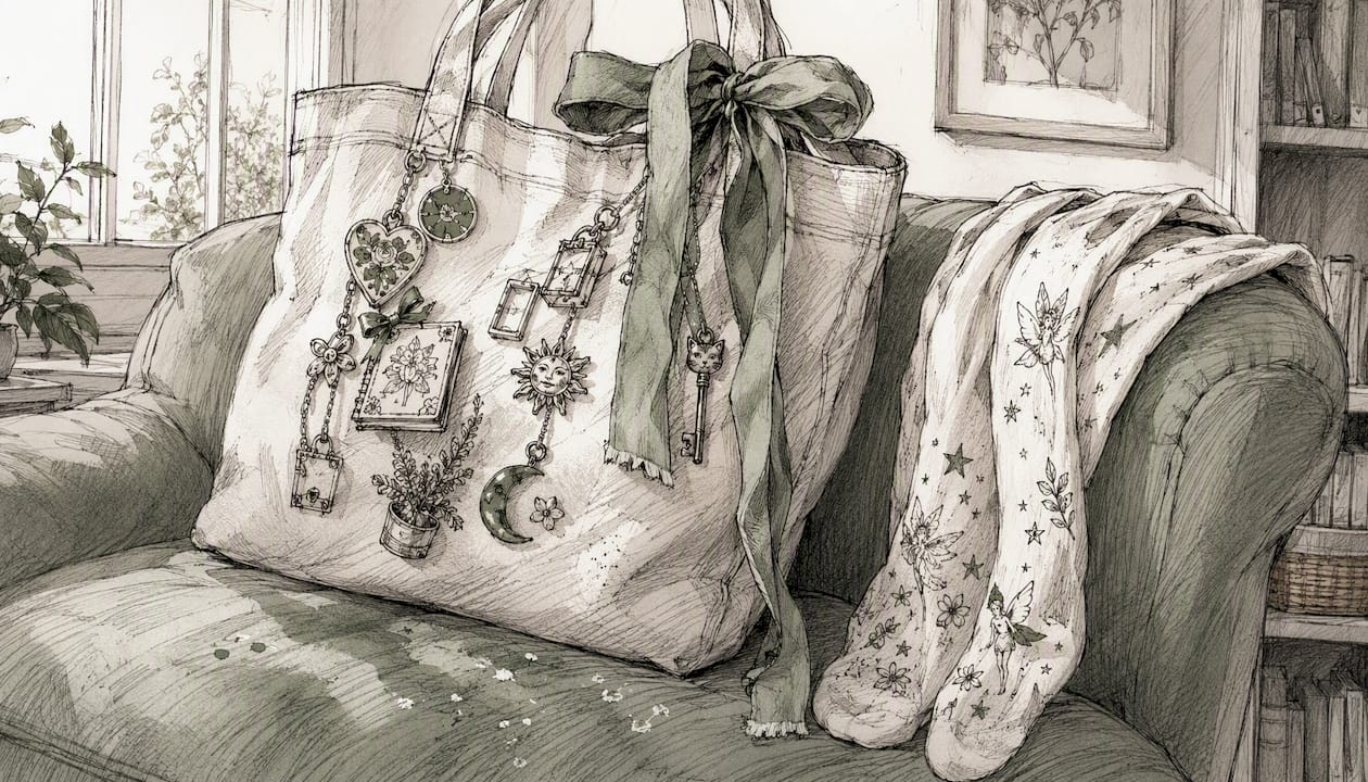 Charm covered tote bag with ribbon and tights