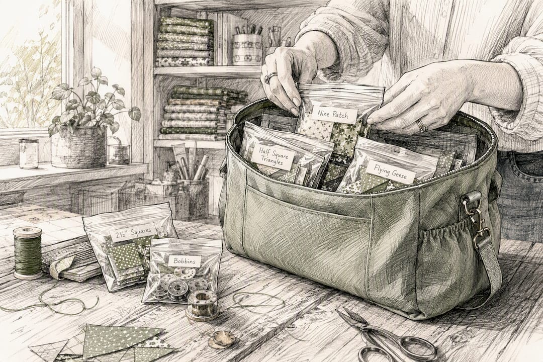 Hands packing labeled fabric and bobbin bags