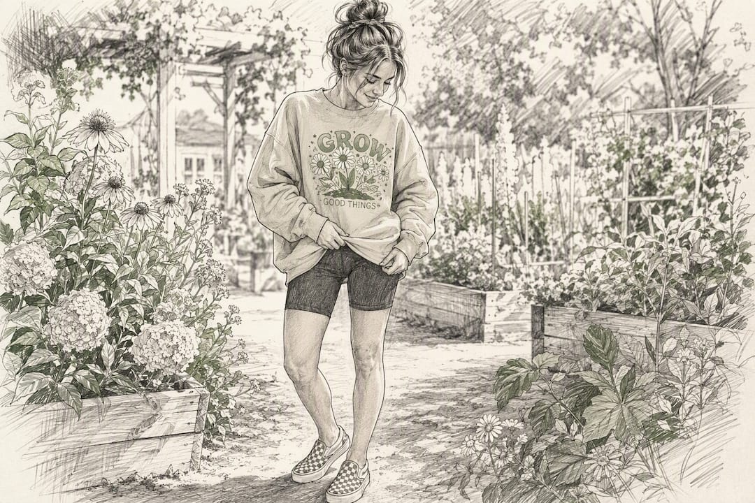 Casual warm weather outfit with sweatshirt and biker shorts