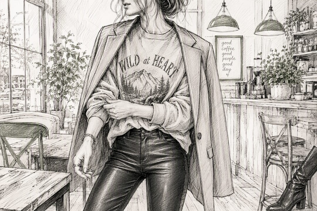 Semi-dressy sweatshirt outfit details with leather pants and blazer